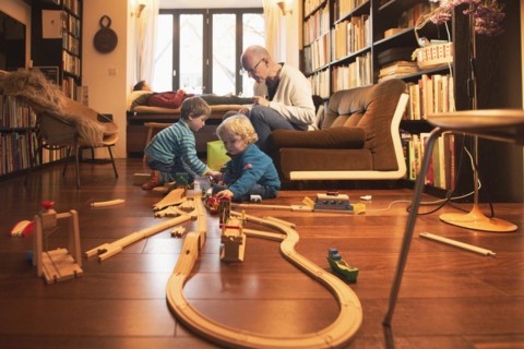 Playing children, two and four years old and their grandfather, in the family, Bonn, 24.12.2023. In