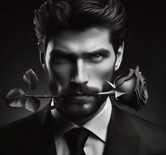 A young man, dreamy, with a rose, symbolic image romantic, romance, dreaming, love, in love,