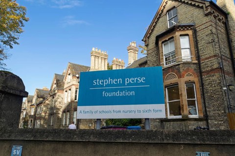 Sign for Stephen Perse Foundation nursery school, Salisbury Villas, Cambridge, Cambridgeshire,
