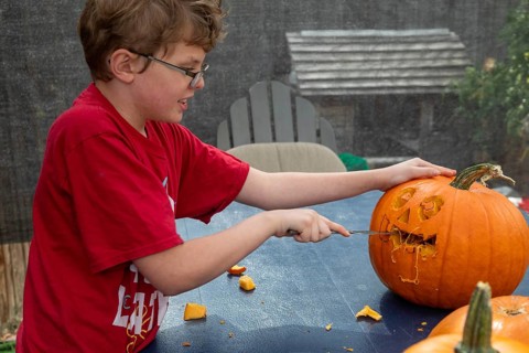 Denver, Colorado, A ten-year-old boy carves a Halloween pumpkin