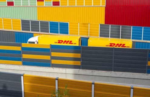 Colourful noise barriers on the A52 motorway, at the Essen-Rüttenscheid junction, the noise