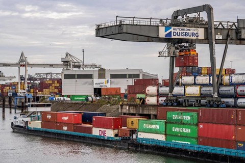 Port of Duisburg Ruhrort, Container freighter being loaded and unloaded at DeCeTe, Duisburg