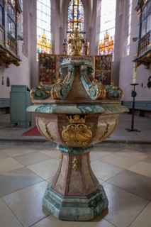 Historic baptismal font in the Protestant Church of St Mary, Hersbruck, Middle Franconia, Bavaria,