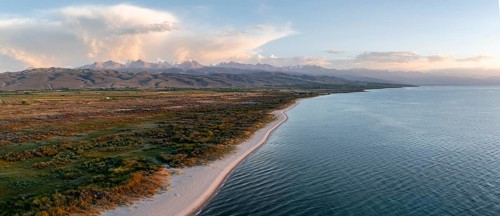 Aerial view, landscape at Lake Issyk Kul, Kyrgyzstan, Asia