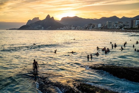 Sunset at Ipanema Beach, Praia do Arpoador, Ipanema, Rio de Janeiro, Brazil, South America