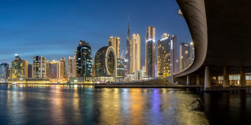 View of Dubai Burj Khalifa skyline tallest building in the world downtown at night panorama in