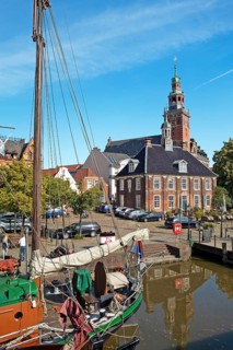 Traditional ships, Alte Waage, town hall, old town, museum harbour, Leer, East Frisia, Germany,