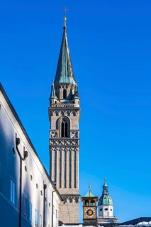 Tower of the Franciscan church in the historic centre of Salzburg, Austria, Europe