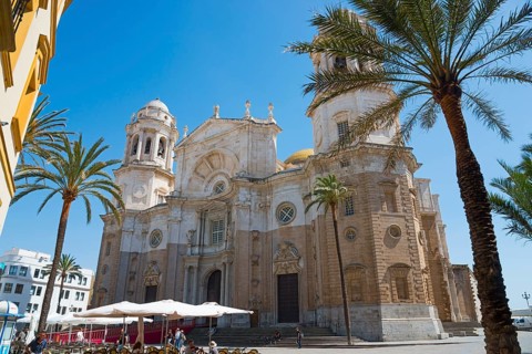 Impressive cathedral with palm trees and café terraces under a clear blue sky, Catedral de Santa