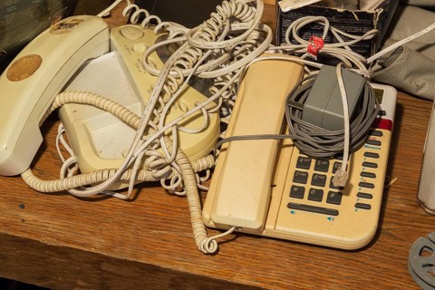 Old analog dial tone telephone and answering machine, Quebec, Canada, North America