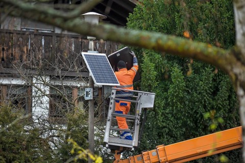 Dismantling of a solar speed display by the building yard, Eckental, Central Franconia, Bavaria,