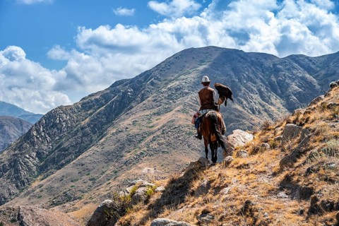 Traditional Kyrgyz eagle hunter in the mountains hunting on horseback, near Kysyl-Suu, Kyrgyzstan,