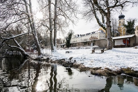 Bernried Monastery with snow in winter, Bernried, Lake Starnberg, Fünfseenland, Pfaffenwinkel,