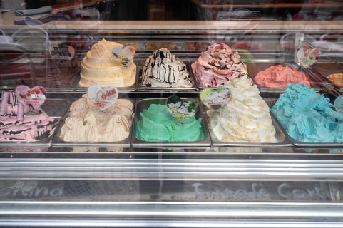 Ice cream flavours in the counter of an ice cream parlour, Bavaria, Germany, Europe