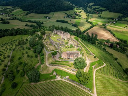 Aerial view of the ruins of Hochburg Castle, also known as Hachberg, 11th century, between