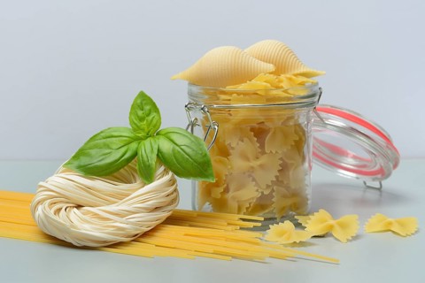 Various types of pasta with glass container, pasta varieties