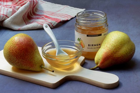 Pear jelly in peel and jar, pears