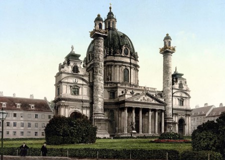 Karlskirche in Vienna, Austria, Historical, digitally restored reproduction from a 19th century