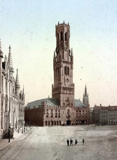 The Belfry on the Great Square in Bruges, Belgium, Historical, digitally restored reproduction from