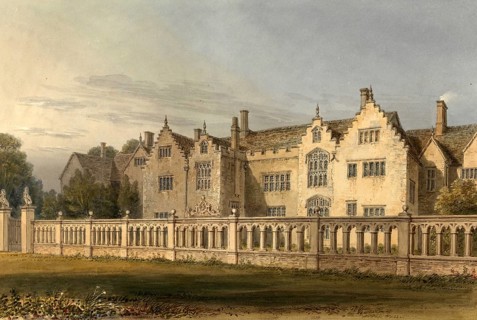 North West View of Harlaxton Manor House, Lincolnshire, England, digitally restored reproduction of