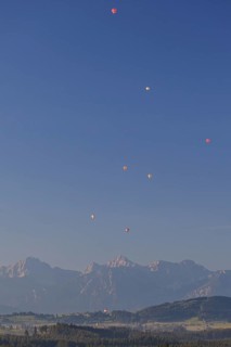 Hot air balloons, morning light, sunny, mountains, summer, Königswinkel, Tannheim Alps, Bavaria,