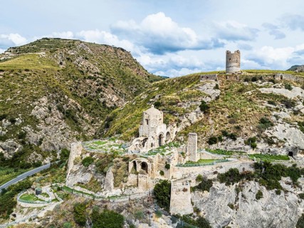 Ruins of the Church of Saint Francis of Assisi and Amantea Castle from a drone, Amantea, Tyrrhenian