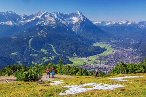 View from Wank 1780m to valley, village and Zugspitzgruppe 2962m, Garmisch-Partenkirchen,