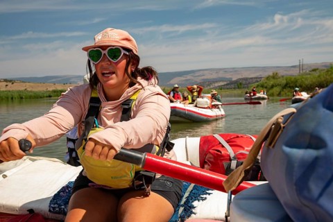 Dinosaur, Colorado, River rafters on the Green River in Dinosaur National Monument. River guide