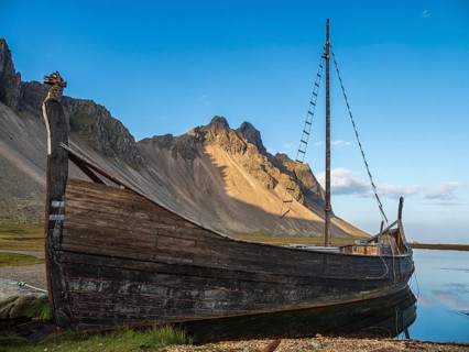 Replica of a viking ship, viking village, Stokksnes, east of Höfn, East Fjords, Iceland, Europe