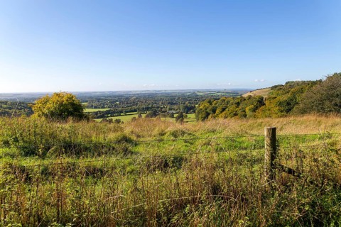 View over chalk scarp slope Vale of Pewsey, Pewsey Vale, Martinsell Hill, Oare, Wiltshire, England,