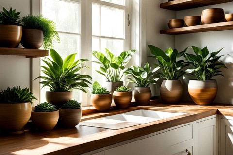 A sunlit kitchen corner, with a rustic wooden shelf holding neatly arranged ceramic bowls and a