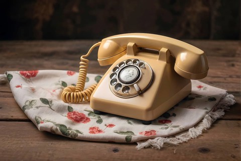 Old rotary phone sitting on a retro floral-patterned tablecloth, AI generated