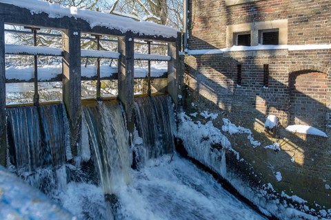 Weir at a watermill, Winter, Münsterland, North Rhine-Westphalia, Germany, Europe