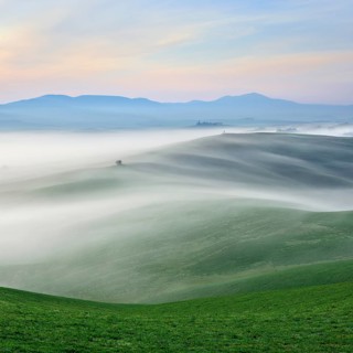 Morning fog in Val d'Orcia, fog flows through hilly landscape, UNESCO World Heritage Site, Province
