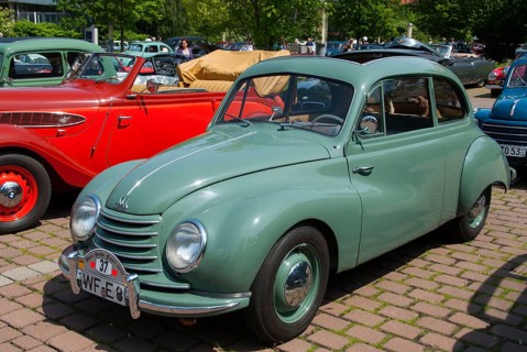 Green compact classic car at nostalgic outdoor car event, classic car, DKW F89, Lower Saxony,