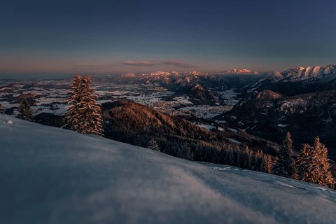 A Winter Wonder Land sunset hiking tour in the snow on the Edelsberg near Nesselwang in the Allgäu