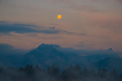 Morning atmosphere at full moon, Hopfensee, near Fuessen, Ostallgaeu, Allgaeu, Upper Swabia,