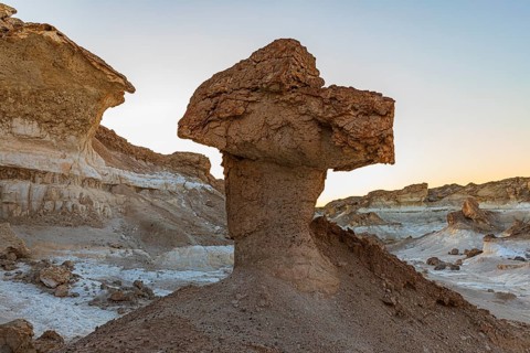 Eroded, mushroom-like rock formations on a fossilised reef edge, Huqf stone desert, Arabian