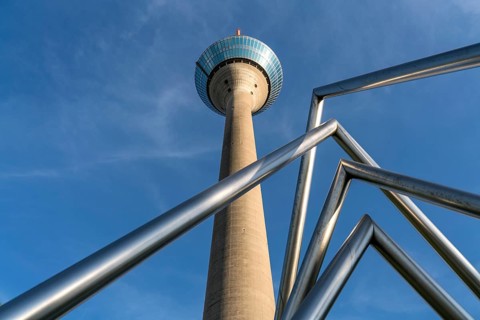 Rhine Tower television tower and energy pyramid on the banks of the parliament, state capital