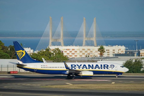 Lisbon, Portugal - September 2, 2023: Ryanair Boeing 737-8AS passenger plane taxi on runway in