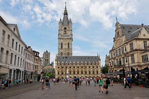 Belfry with Cloth Hall and Ghent National Theatre (right) and St. Nicholas Church (back), UNESCO