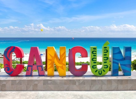 Cancun, Mexico, 20 March, 2020: Playa Delfines (Dolphin Beach) nicknamed El Mirador (The Lookout) –