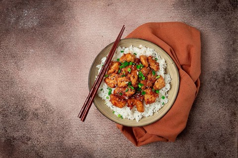 Fried chicken teriyaki with rice, green onion and sesame, homemade, no people