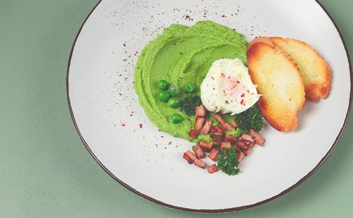 Mashed peas, with boiled egg, fried bacon, toast, baguette, breakfast, homemade, no people