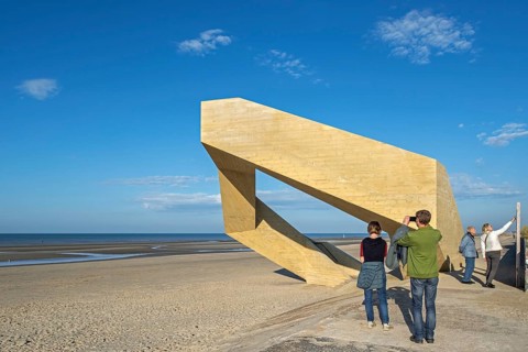 Westerpunt, concrete sculpture on beach along the North Sea coast at seaside resort De Panne,