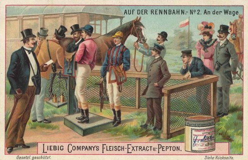 Picture series At the racecourse, An der Waage, Liebig picture, digitally restored reproduction of