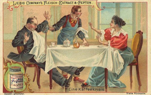 Picture series Scenes from everyday life, A coffee crisis, Waiter pours coffee on the guest, Liebig