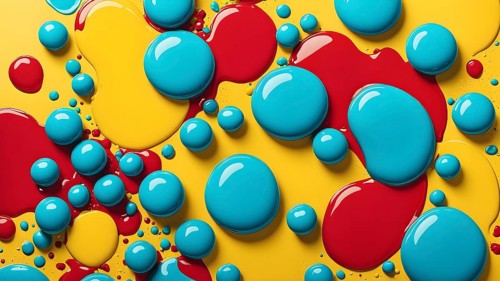 Abstract image with vibrant blue and red blobs and liquid shapes on a yellow background, AI