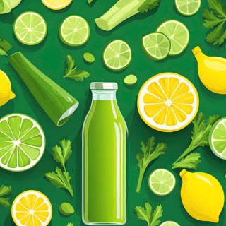 Abstract wallpaper composition with bottle of delicious green detox juice and fruits and