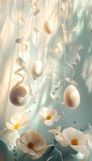 Surreal Easter scene with floating eggs, ribbons, and flowers in a dreamlike, whimsical composition